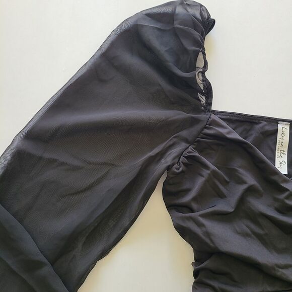 Lucy In The Sky Wrap Dress Medium Black Lexi Ruffle Balloon Sleeve Cocktail - Picture 2 of 12